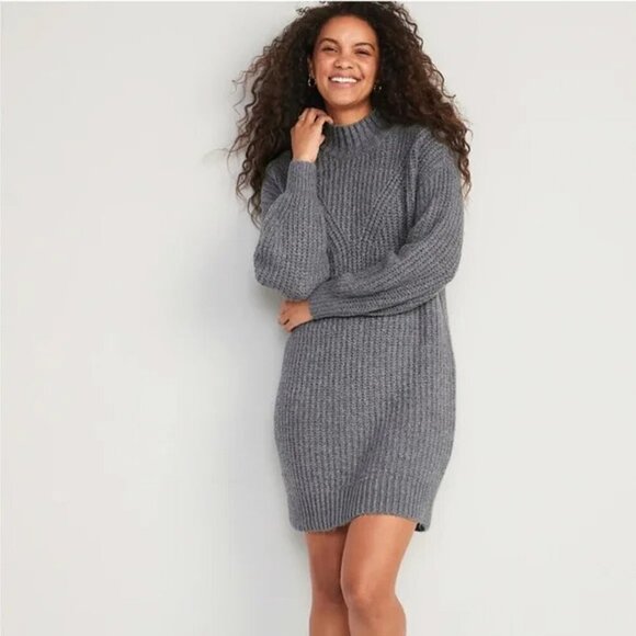 Old Navy Sweater Dress Sz M Gray Knit Relaxed LS MockNeck Shift Recycled - Picture 2 of 6